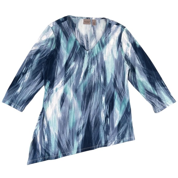 Chicos Easywear Top 2 Medium Printed V Neck 3/4 Sleeve Asymmetrical Hem Blue - Picture 1 of 9